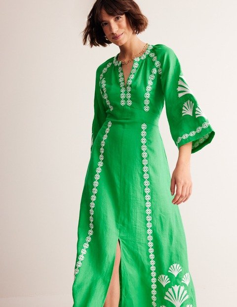Una Linen Embroidered DressBright Green