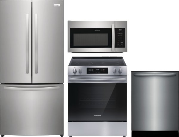 Frigidaire FRRERADWMW888961891 4 Piece Kitchen Appliances Package with French Door Refrigerator, Electric Range, Dishwasher and Over the Range Microwave in Stainless Steel | AJ Madison