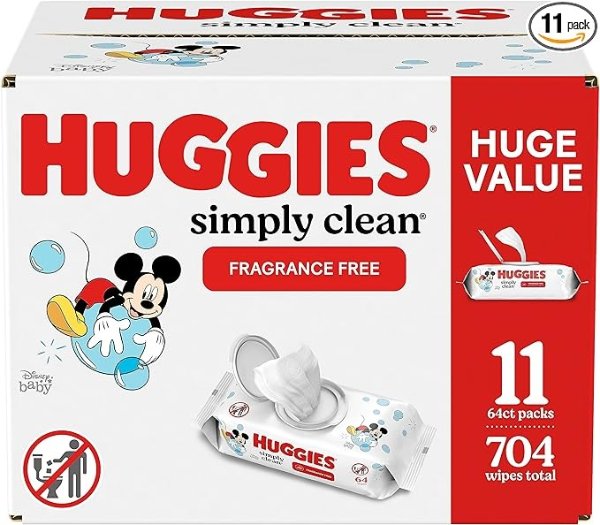 Baby Wipes, Unscented, Huggies Simply Clean Fragrance-Free Baby Diaper Wipes, 11 Flip Lid Packs (704 Wipes Total)