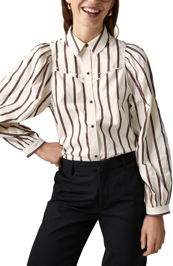 Stripe Balloon Sleeve Cotton Button-Up Shirt