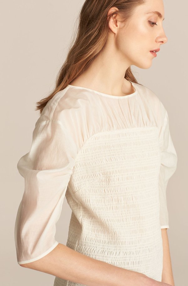 Long Sleeve Ruched Organza Blouse | Rebecca Taylor