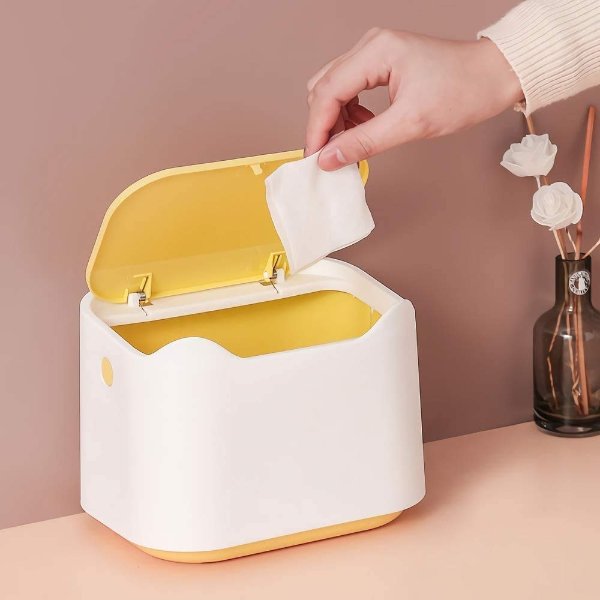 Mini Desktop Trash Can with Lid Yellow White Small Countertop Garbage Cans for Office Car Bathroom (Yellow+White)