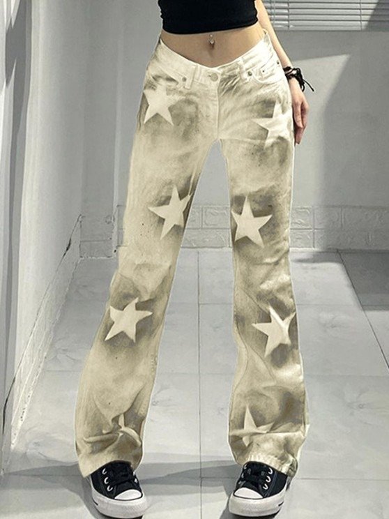 Streetwear Y2K Aesthetic Star Printed Low Rise Straight Jeans LIGHT YELLOW