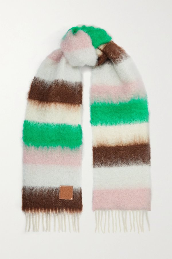 Leather-trimmed fringed striped mohair-blend scarf