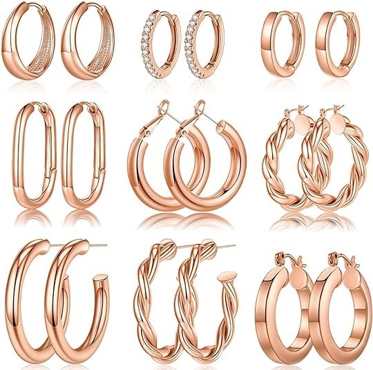 Yesteel 9 Pairs Gold Hoop Earrings for Women, 925 Sterling Silver Post 14K Real Gold Plated Chunky Hoop Earrings Set for Women Hypoallergenic Thick Lightweight Hoop Earrings for Women Gold Jewelry Gifts
