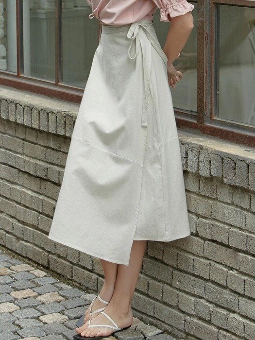 Linen Flared Midi Wrap Skirt_Beige
