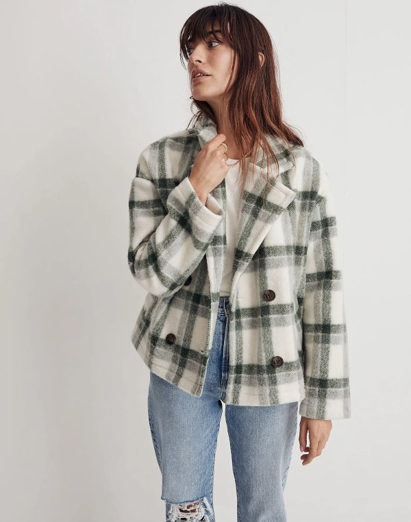 Jacquard Double-Breasted Crop Blazer in Plaid
