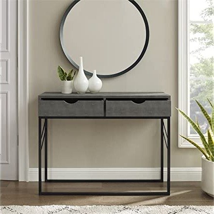 Contemporary 2-Drawer Faux Shagreen & Metal Side Entry Table Vanity, 42 Inch, Grey