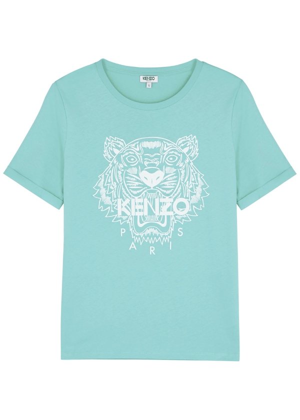 Turquoise tiger-print cotton T-shirt