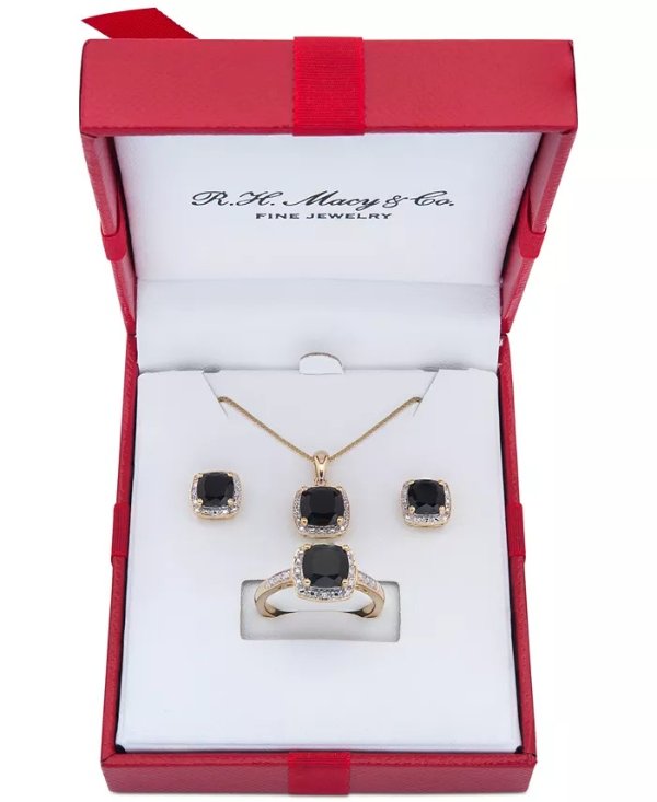 3-Pc. Set Onyx & Diamond Accent Pendant Necklace, Ring and Stud Earrings in 14k Gold-Plated Sterling Silver