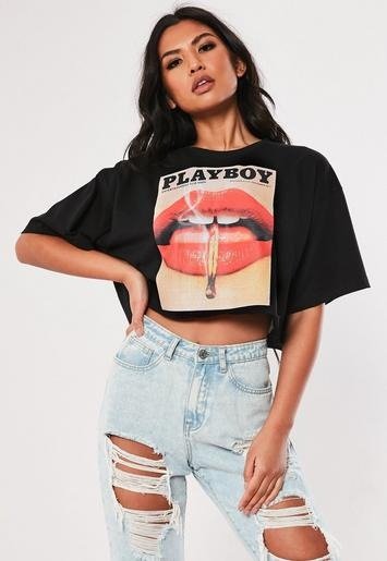 - Playboy XBlack Lips Print Cropped T Shirt