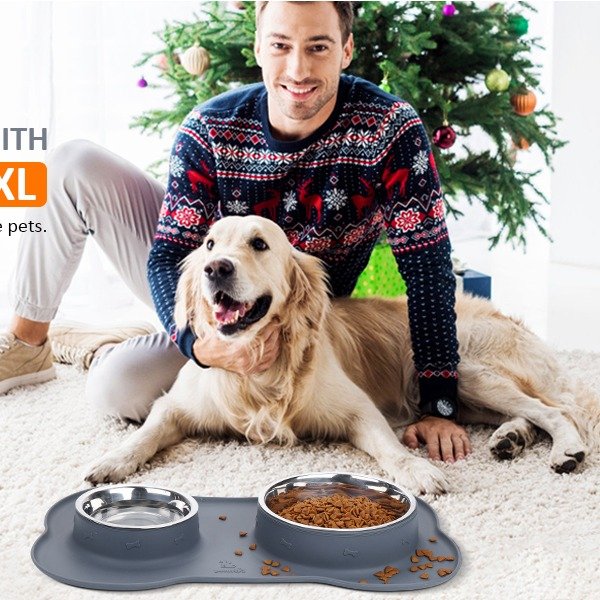Pecute Dog Bowls Stainless Steel Double Pet Bowls Set with Non-Spill Non-Skid Silicone Mats