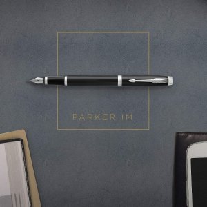 Parker IM Fountain Pen, Black Lacquer Gold Trim, Fine Nib with Blue Ink Refill