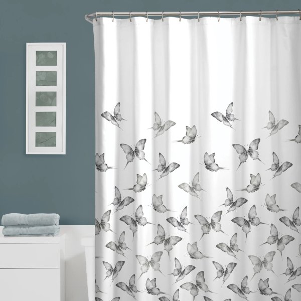 Black and White Butterfly Fabric Shower Curtain