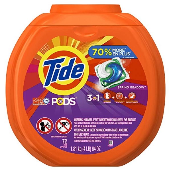 PODS 3 in 1 HE Turbo Laundry Detergent Pacs, Spring Meadow Scent, 72 Count Tub (Packaging May Vary)