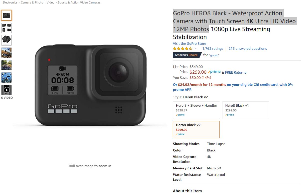 GoPro HERO8 Black - Waterproof Action Camera with Touch Screen 4K Ultra HD Video 12MP Photos摄像机
