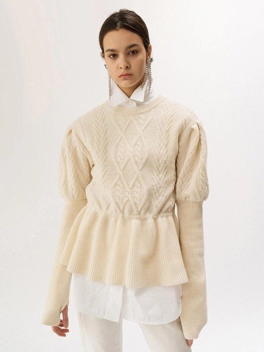 Puff-Sleeved Cable Knit Top_Ivory