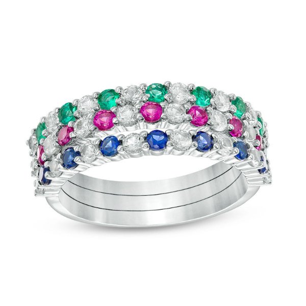 Lab-Created Emerald, Ruby, Blue and White Sapphire Three Piece Stackable Ring Set in Sterling Silver - Size 7|Zales
