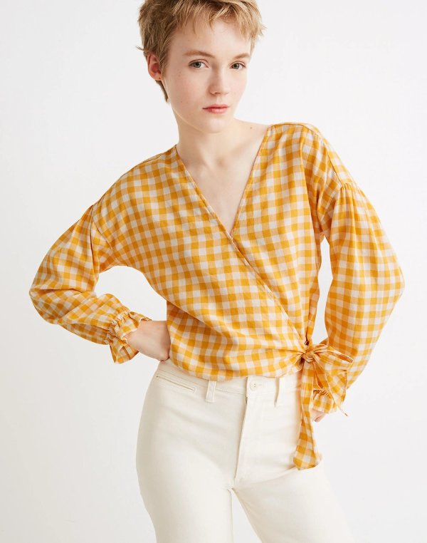 Long-Sleeve Sash-Tie Wrap Top in Gingham Check