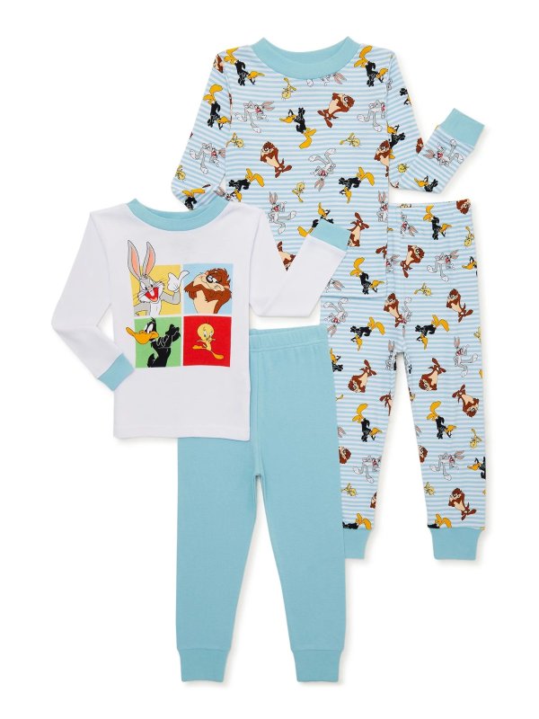 Toddler Boys Long Sleeve Tops and Pants, 4-Piece Pajama Set, Sizes 2T-4T