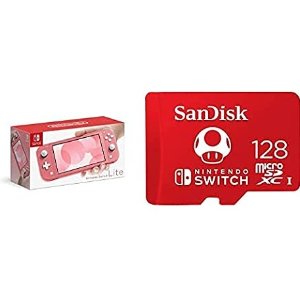 Nintendo Switch Lite - Coral with SanDisk 128GB MicroSDXC UHS-I Card for Nintendo Switch