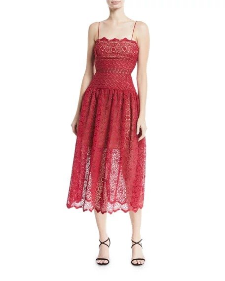 Sleeveless Floral-Lace Midi Cocktail Dress