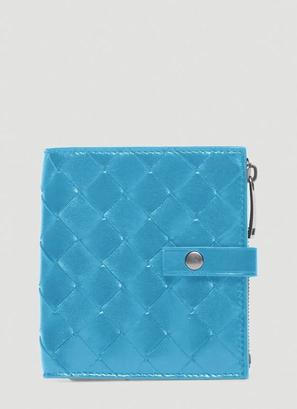 Intrecciato Woven Bi-Fold Wallet in Blue