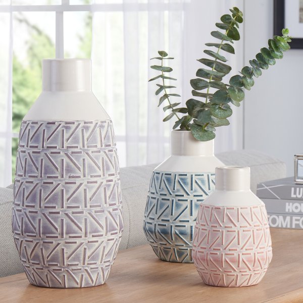 3-Piece Geometric Engraved Vase Set