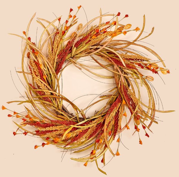 22" Fall Grass and Flower Wreath - Farmhouse - Wreaths And Garlands - by WORTH IMPORTS