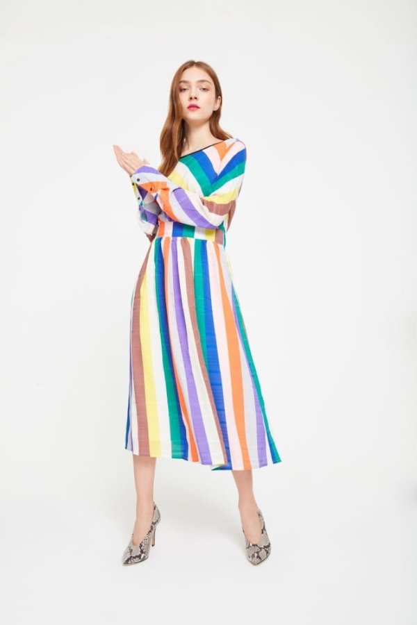 Ghospell Rainbow Stripe Midi Dress