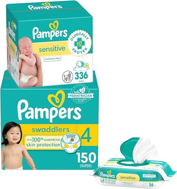 Swaddlers Disposable Baby Diapers Size 4, 150 Count and Baby Wipes Sensitive Pop-Top Packs, 336 Count PLUS LIMITED TIME FREE BONUS WIPES