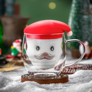 红帽子，白胡子！Sattyge 12oz 圣诞老人双层玻璃杯 带勺子
