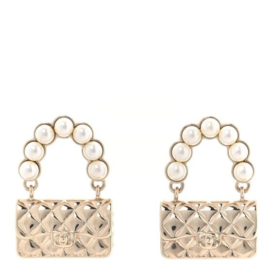 Pearl Quilted CC Flap Bag Earrings Gold | FASHIONPHILE