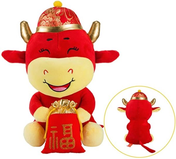 2021 Chinese New Year Plush Toy- 11.8 Inch Soft Chinese Year of Ox Zodiac Lucky Cow Doll Wearing Tang Suit Stuffed Cow Mascot Plush Toy Holding Lucky Bag for Chinese New Year Home Car Perfect Decor
