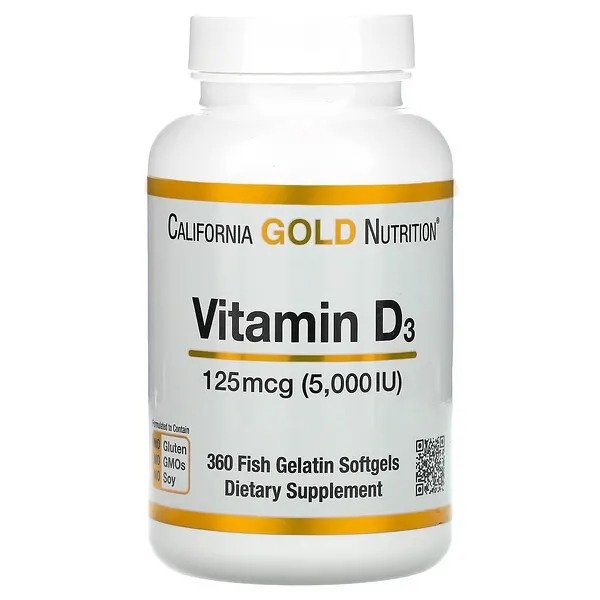 California Gold Nutrition, Vitamin D3, 125 mcg (5,000 IU), 360 Fish Gelatin Softgels