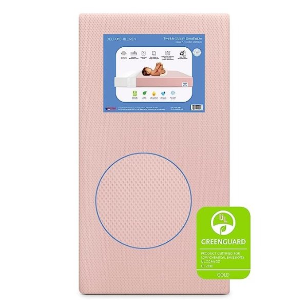 Twinkle Stars Breathable Baby Bed Crib Mattress and Toddler Mattress with Removable/Machine Washable Cover - GREENGUARD Gold – Waterproof - Sustainably Sourced Core Fiber Core, Pink