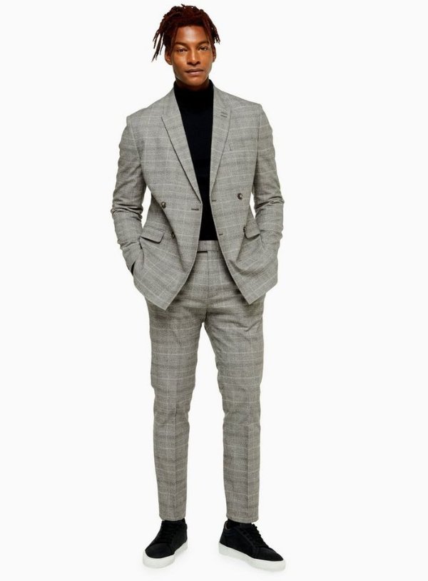 2 Piece Grey Check Skinny Fit Double Breasted Suit With Peak Lapels