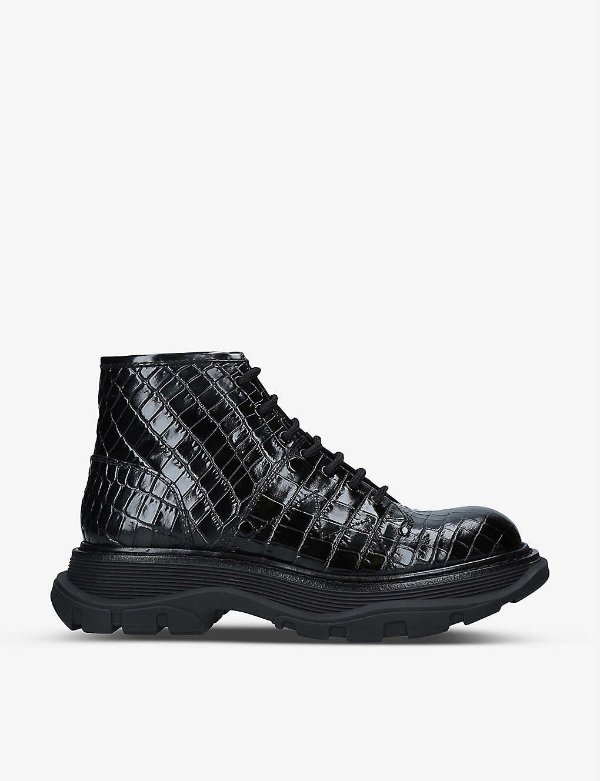 Tread lace-up croc-embossed leather boots