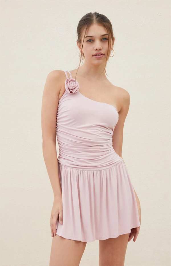 Charisa One Shoulder Rosette Mini Dress