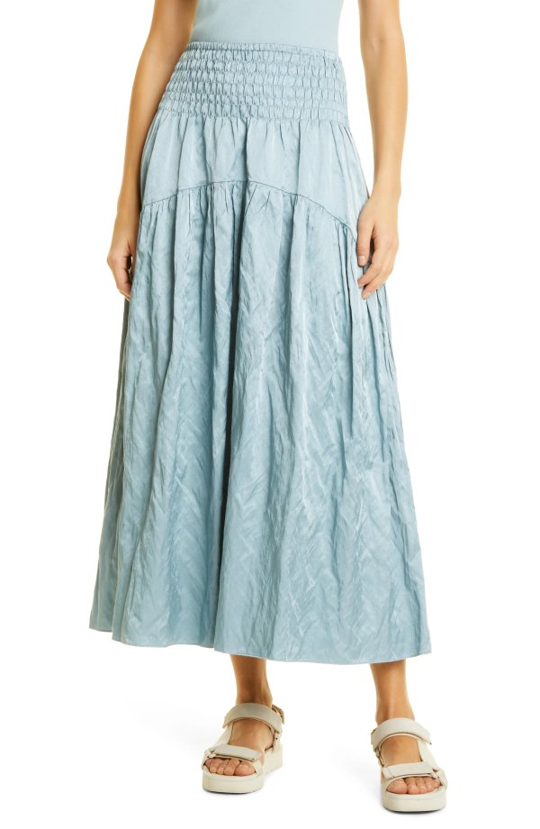 Metallic Smock Waist Tiered Cotton Blend Skirt