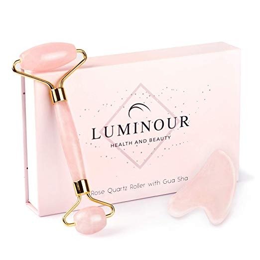Premium Rose Quartz Roller and Gua Sha Face Massager 2-in-1 Gift set - 100% Natural Anti Aging Crystal - Jade Facial Rollers and Gua Sha Tools Crystals for Alternative Beauty and Skincare by Luminour