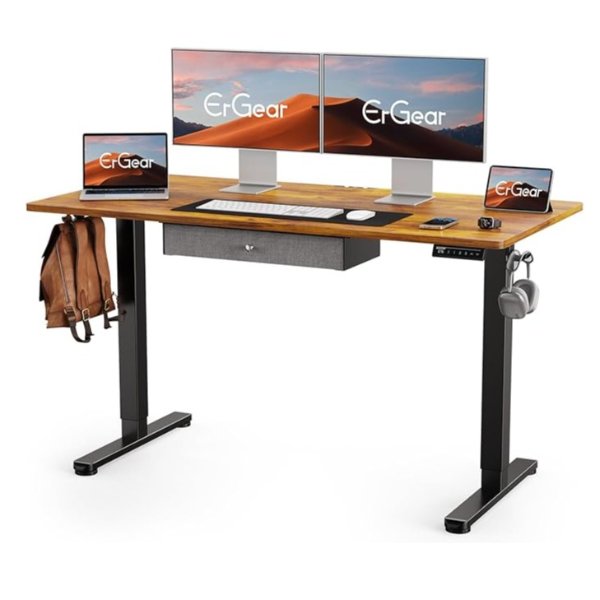 Electric Standing Desk with Drawer, Adjustable Height Sit Stand Up Desk, Home Office Desk Computer Workstation, 55x28 Inches, Vintage Brown