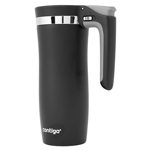Handled AUTOSEAL Travel Mug Vacuum-Insulated Stainless Steel Easy-Clean Lid, 16 oz, Black