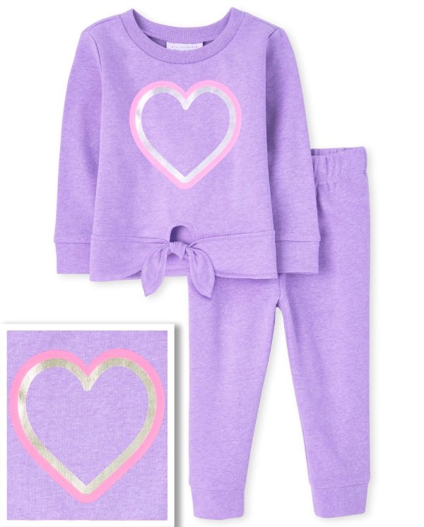 Toddler Girls Active Long Sleeve Heart Tie Front Sweatshirt And Knit Jogger Pants 2-Piece Set
