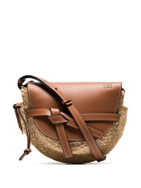 brown gate mini leather and raffia shoulder bag