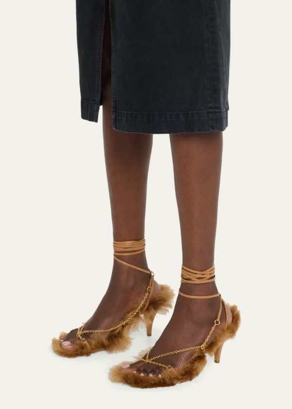 Marion Shearling Chain Ankle-Wrap Sandals