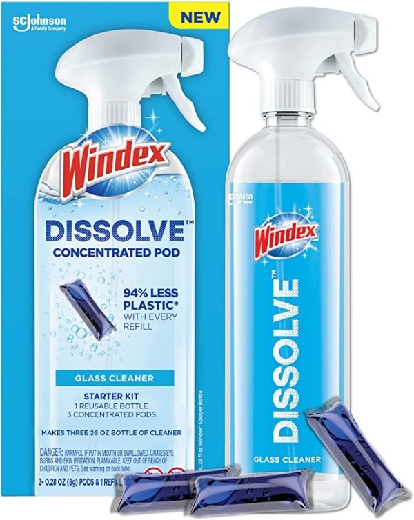 Dissolve Concentrated Pods, Glass Cleaner Starter Kit contains 1 Reusable Bottle, 3 Concentrated Dissolvable Pods