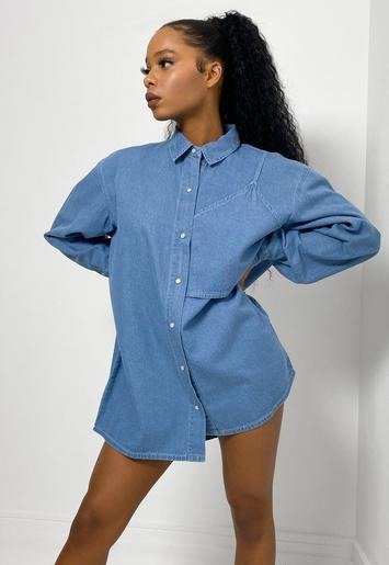 - Blue Bralette Overlay Oversized Denim Shirt