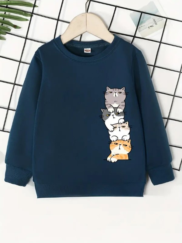 Sweet Kittens Print Girl Sweatshirt, Long Sleeve Pullover Casual Tops For Children Kids, Gift