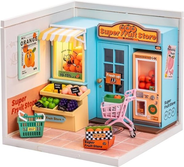 ROBOTIME DIY Miniature House Kit Mini Dollhouse with Furniture Miniature Craft Kits for Adults 1:20 Scale Realistic Fruit Store Kit Unique Gift for Kids & Teens
